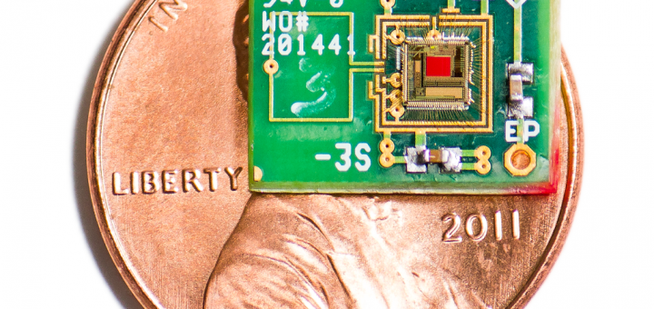 An image representing the tiny size of the chip - it is about half the area of a 1 cent coin