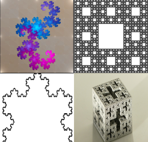 Top left moving clockwise: Dragon curve, Sierpinski carpet, Koch curve and the Jerusalem cube. Image credit: wikicommons 