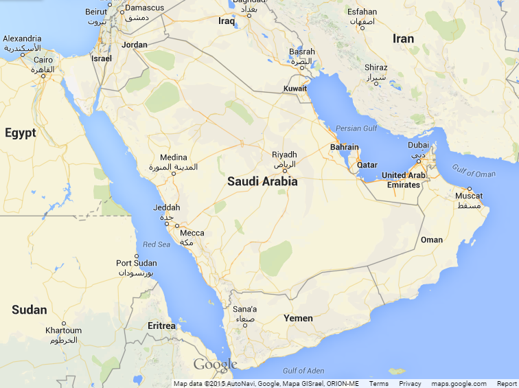 The Arabian Peninsula. Jebel Faya is near Dubai. Credit: AutoNavi, Google, Mapa GISrael, ORION-ME.