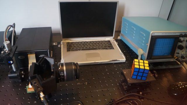 A single-pixel camera being used to photograph a Rubik's Cube. Image credit: Hsnee Al Moubayed.