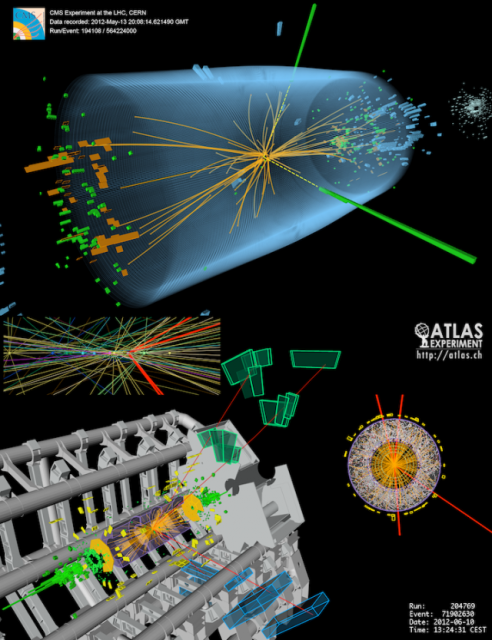 Candidate Higgs boson events from collisions between protons in the LHC. The top event in the CMS experiment shows a decay into two photons (dashed yellow lines and green towers). The lower event in the ATLAS experiment shows a decay into four muons (red tracks). Credit: CERN (CC-BY-SA-4.0)