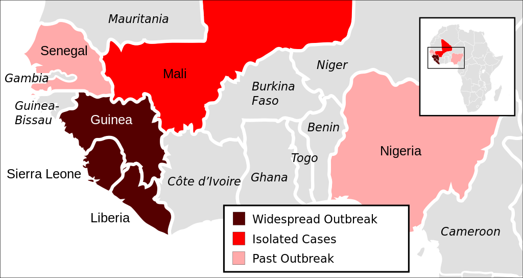 The outbreak of Ebola and the countries fighting the virus. Via wikimedia commons (CC0 1.0)