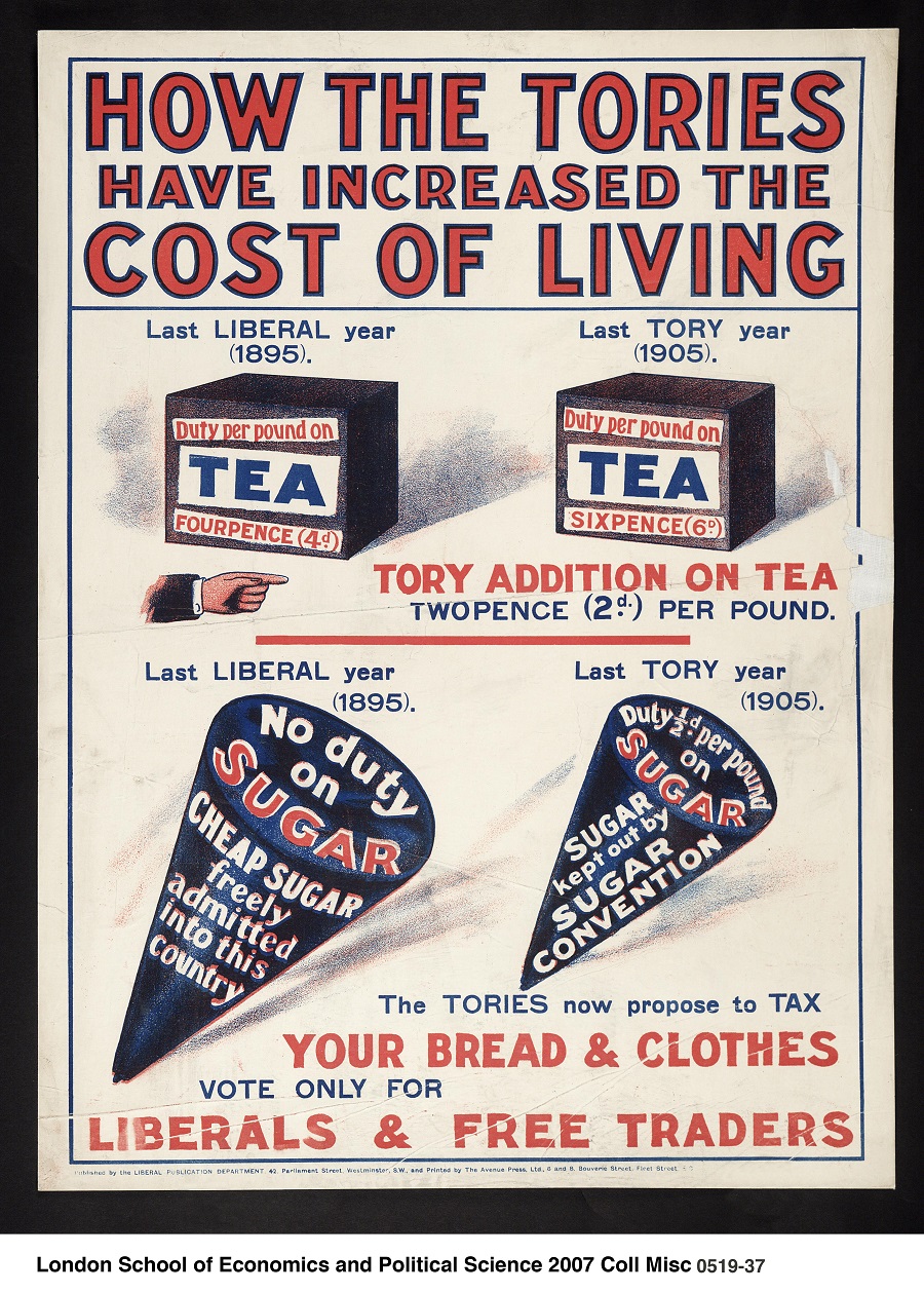 Controversy over sugar taxes is nothing new: this political print was produced by the Liberal Party (c1905-c1910) to criticise the price increase of tea and sugar under the Tory government in 1905 compared to the 1895 Liberal government. Image credit: London School of Economics Political Science Collection 2007 via Flickr (License). 