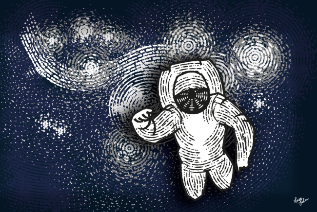 Artwork of an astronaut floating in a starry sky