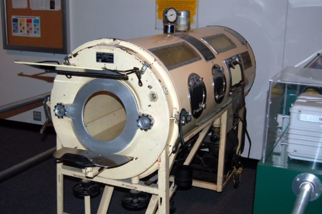 Photo of an iron lung used by people affected by polio-induced paralysis