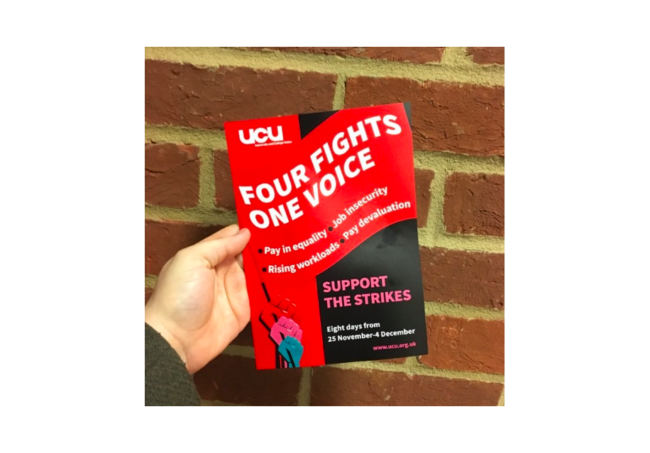 UCU strike leaflet outlining UCU demands in the 'four fights, one voice' campaign