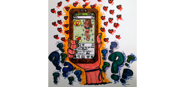 Drawing of a hand holding a phone with an instagram model promoting diet pills. Artwork by Maria Clara Liuzzi