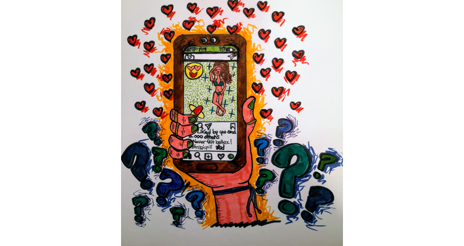 Drawing of a hand holding a phone with an instagram model promoting diet pills. Artwork by Maria Clara Liuzzi