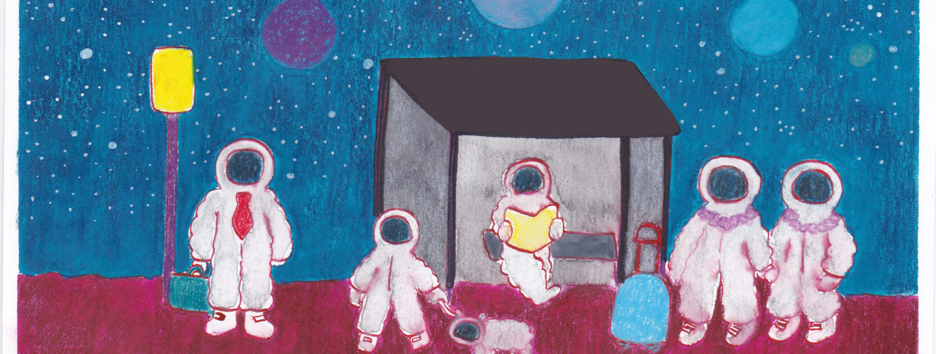 Illustration of a family of astronauts waiting at a bus stop.