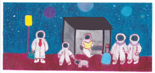 Illustration of a family of astronauts waiting at a bus stop.