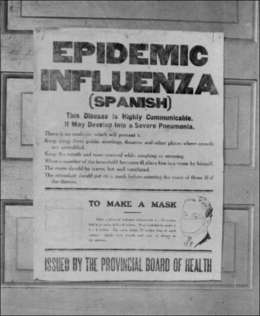 Flyer by the Alberta Board of Health. Flyer is pinned to a door and gives instructions on how to make a mask to protect against Spanish Flu.