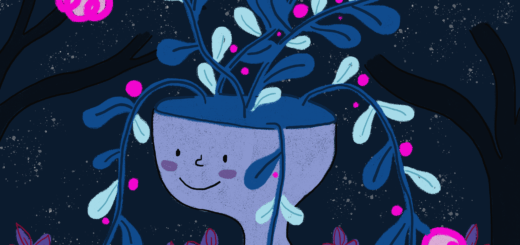 Cropped illustration of a person with flowers growing out of their head