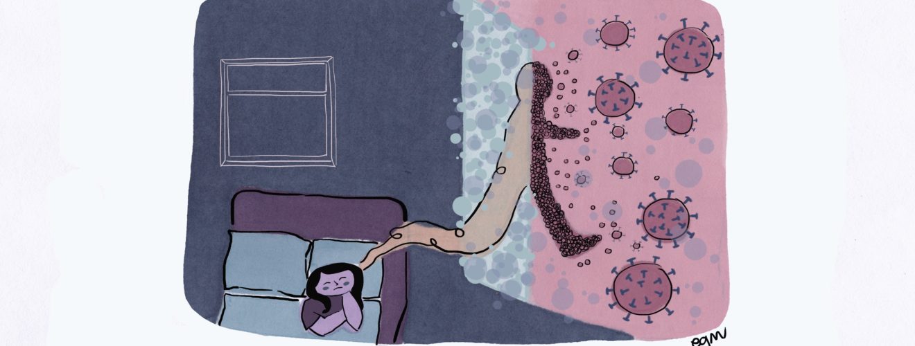 Illustration of a person in bed dreaming of coronavirus