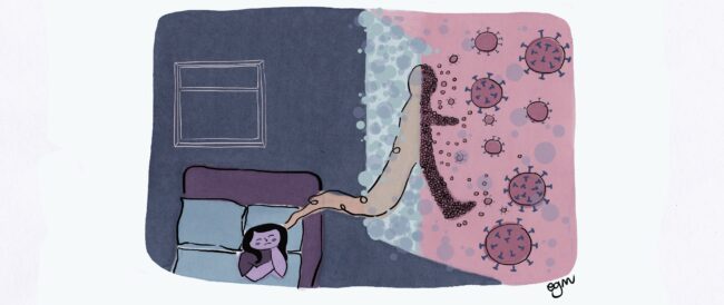 Illustration of a person in bed dreaming of coronavirus