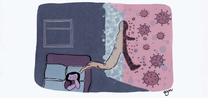 Illustration of a person in bed dreaming of coronavirus