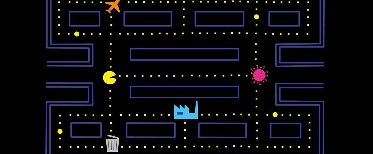 Artwork of a Pac-Man style game where Pac-Man is eating an airplane, powerplant and coronavirus