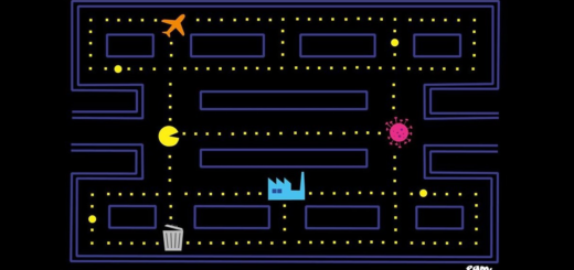 Artwork of a Pac-Man style game where Pac-Man is eating an airplane, powerplant and coronavirus