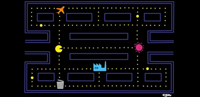 Artwork of a Pac-Man style game where Pac-Man is eating an airplane, powerplant and coronavirus