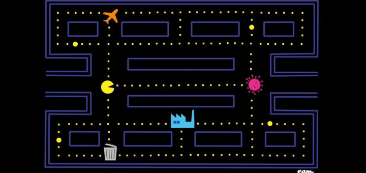 Artwork of a Pac-Man style game where Pac-Man is eating an airplane, powerplant and coronavirus